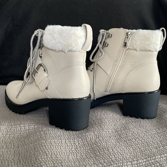 NWOT saks fifth ave leather combat boots ivory faux fur trim size 9 - Picture 5 of 9